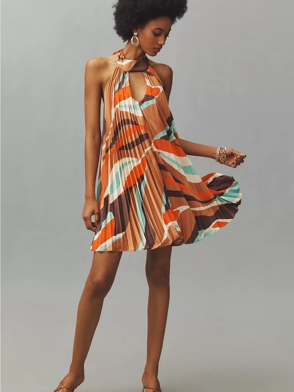 Hutch Halter Pleated Swing Mini Dress  Abstract Print Medium